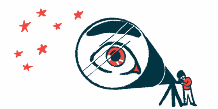 The eye of a person looking at the stars through a telescope is magnified in the lens of the instrument.