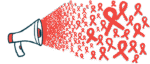A host of red awareness ribbons burst out of a megaphone.