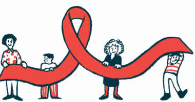 Four people, two of them children, each hold up a section of a giant red awareness ribbon.