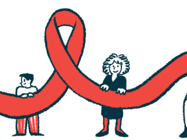 Four people, two of them children, each hold up a section of a giant red awareness ribbon.