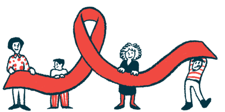 Four people, two of them children, each hold up a section of a giant red awareness ribbon.