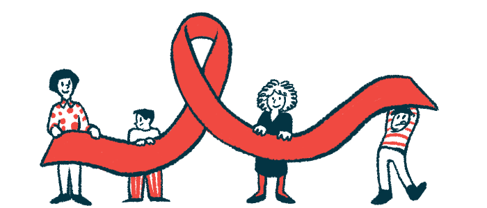 Four people, two of them children, each hold up a section of a giant red awareness ribbon.