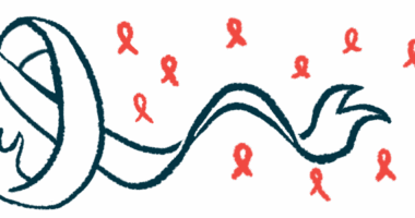 A large white awareness ribbon is surrounded by many smaller red ribbons.