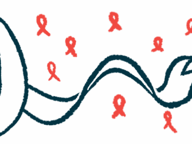 A large white awareness ribbon is surrounded by many smaller red ribbons.