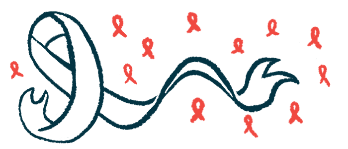 A large white awareness ribbon is surrounded by many smaller red ribbons.