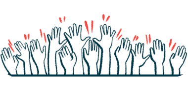 Multiple hands are pictured raised into the air.