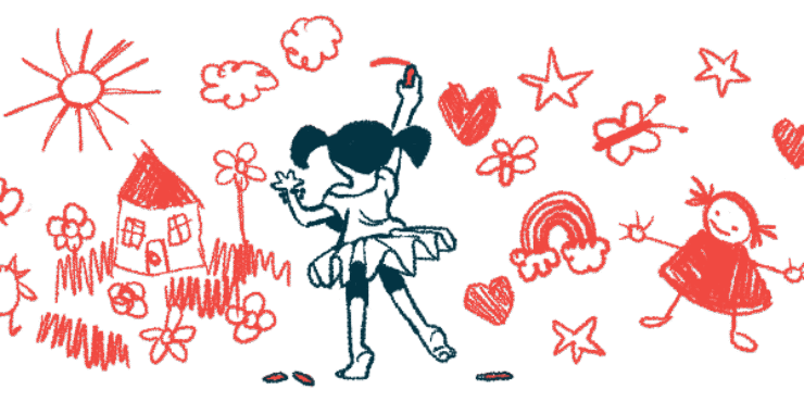 A child in pigtails and a tutu is seen drawing pictures on a wall.