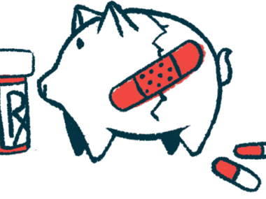 A bandage is seen over a large crack in a pig-shaped bank pictured alongside a prescription medicine bottle.
