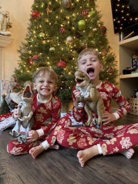 Two young boys sit in front of a Christmas tree wearing matching red pajamas. Each one holds up a toy dinosaur and makes a silly face for the camera.