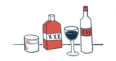 An illustration of a glass of red wine surrounded by liquor bottles.