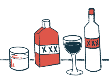 An illustration of a glass of red wine surrounded by liquor bottles.