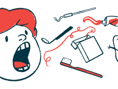 This illustration of oral health shows the head of a child with their mouth wide open next to dental tools, a tube of toothpaste, a toothbrush, dental floss, and a smiling tooth character.