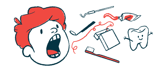 This illustration of oral health shows the head of a child with their mouth wide open next to dental tools, a tube of toothpaste, a toothbrush, dental floss, and a smiling tooth character.