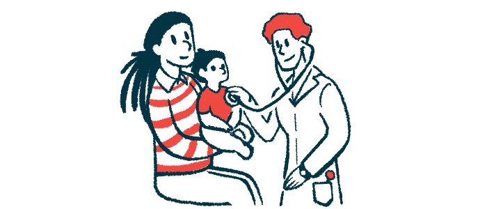 A child sits on a woman's lap while being examined by a doctor.