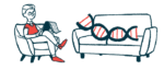 In this gene therapy illustration, a DNA strand lies on a couch, with a therapist seated in a nearby chair taking notes on a pad.