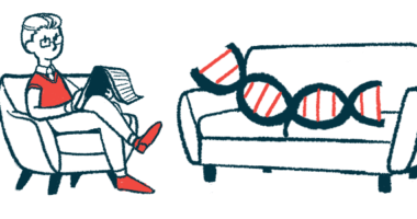 In this gene therapy illustration, a DNA strand lies on a couch, with a therapist seated in a nearby chair taking notes on a pad.