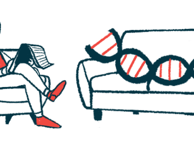 In this gene therapy illustration, a DNA strand lies on a couch, with a therapist seated in a nearby chair taking notes on a pad.