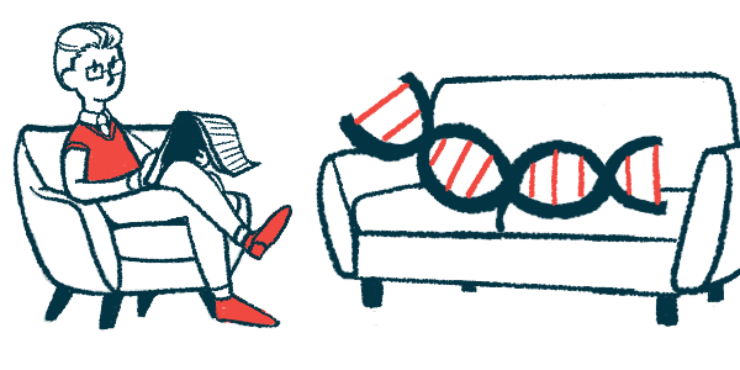 In this gene therapy illustration, a DNA strand lies on a couch, with a therapist seated in a nearby chair taking notes on a pad.