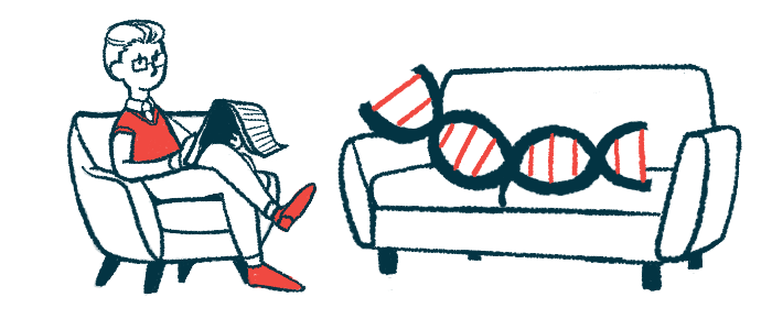 In this gene therapy illustration, a DNA strand lies on a couch, with a therapist seated in a nearby chair taking notes on a pad.